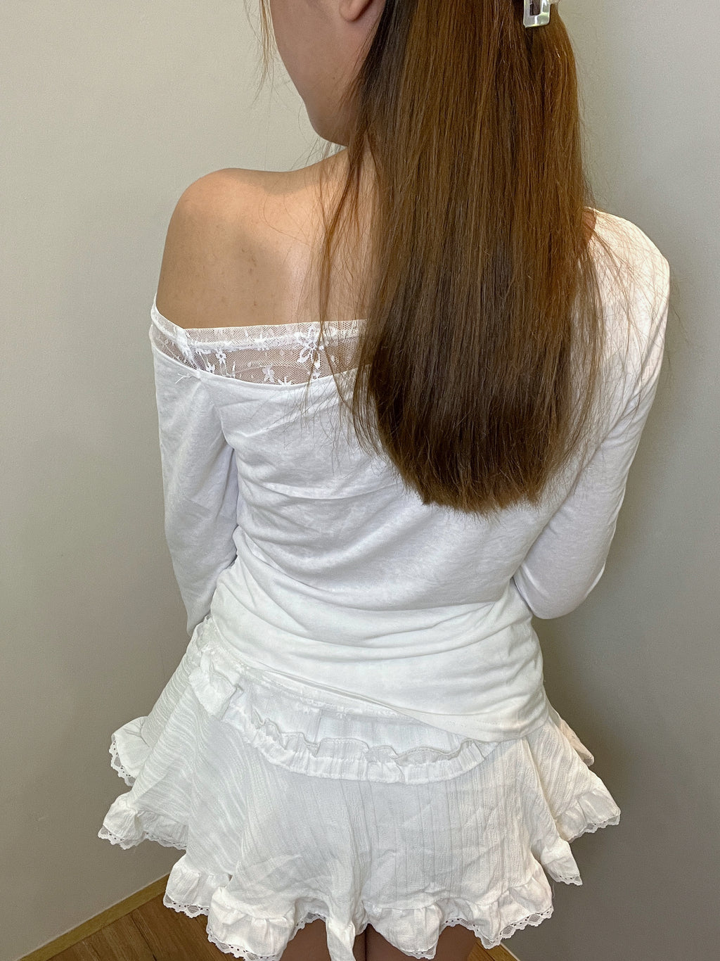 LT003 假两件蕾丝斜肩上衣｜Ready stock 现货