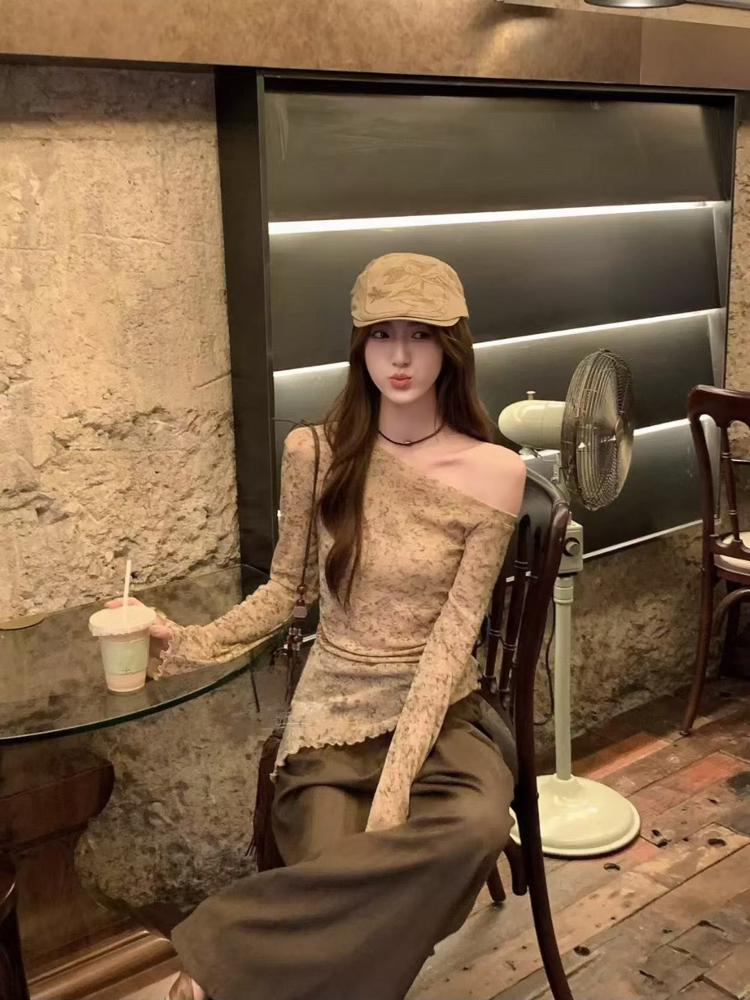 LT005 两件套韩系墨染斜肩木耳边长袖上衣｜Ready stock 现货