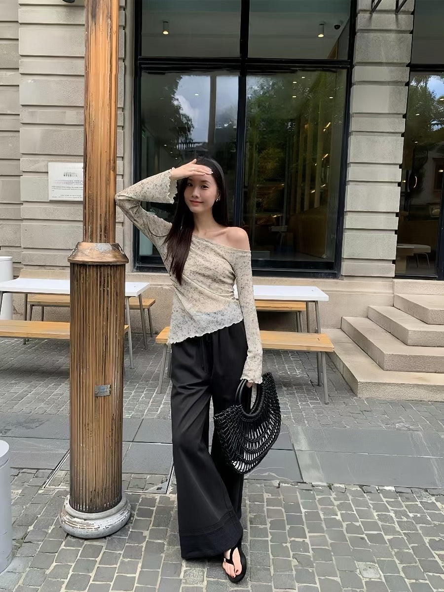 LT005 两件套韩系墨染斜肩木耳边长袖上衣｜Ready stock 现货