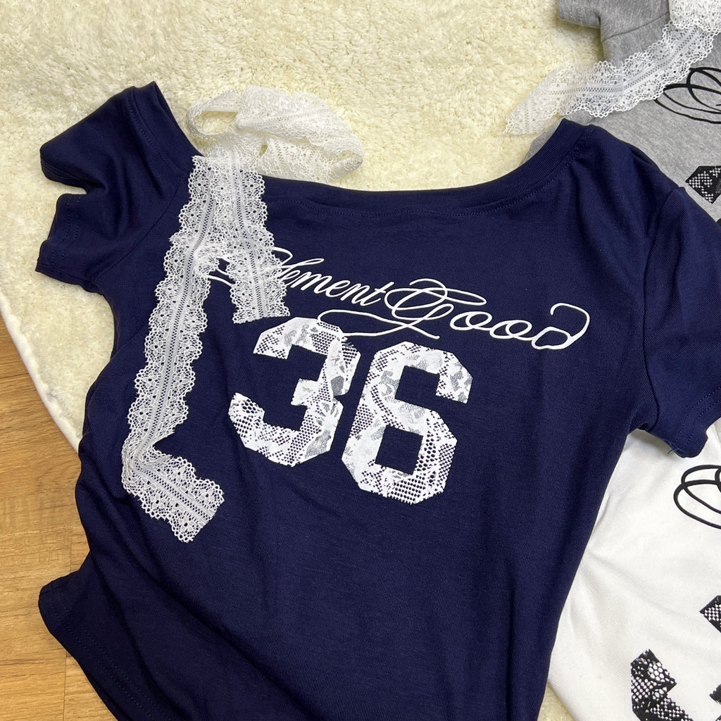 T006 美式辣妹风斜肩绑带T恤上衣｜Ready stock 现货