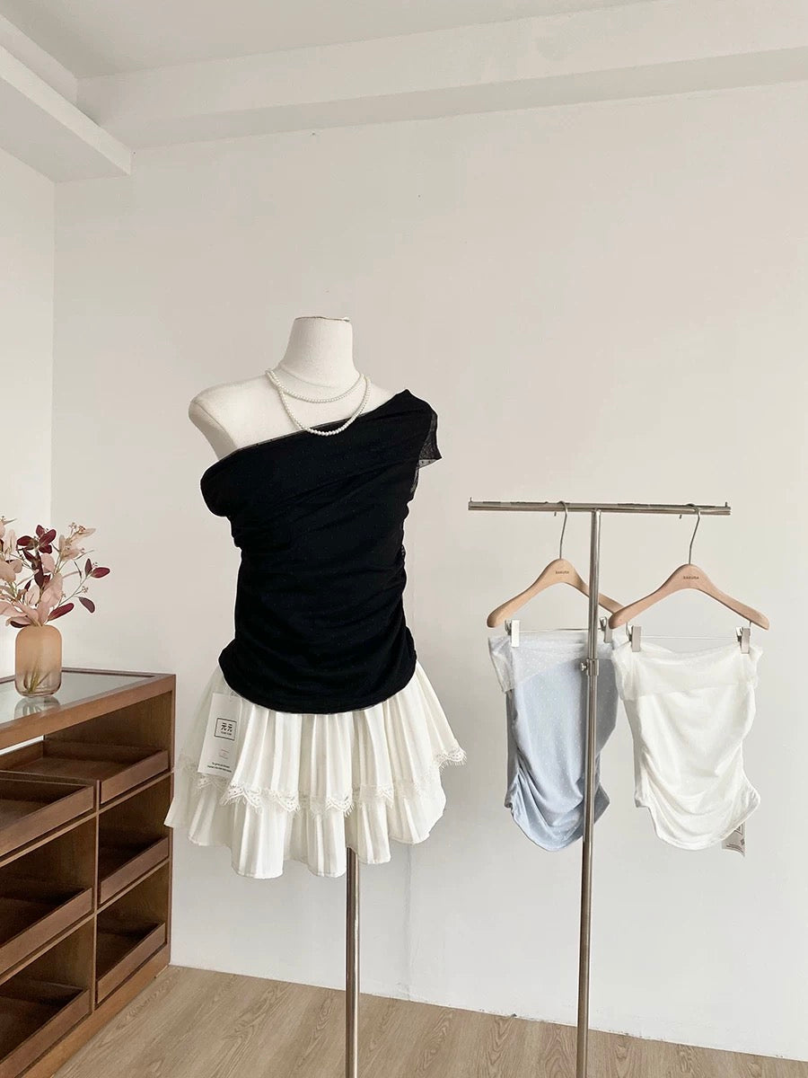 B023 甜美一字肩网纱上衣｜Ready stock 现货