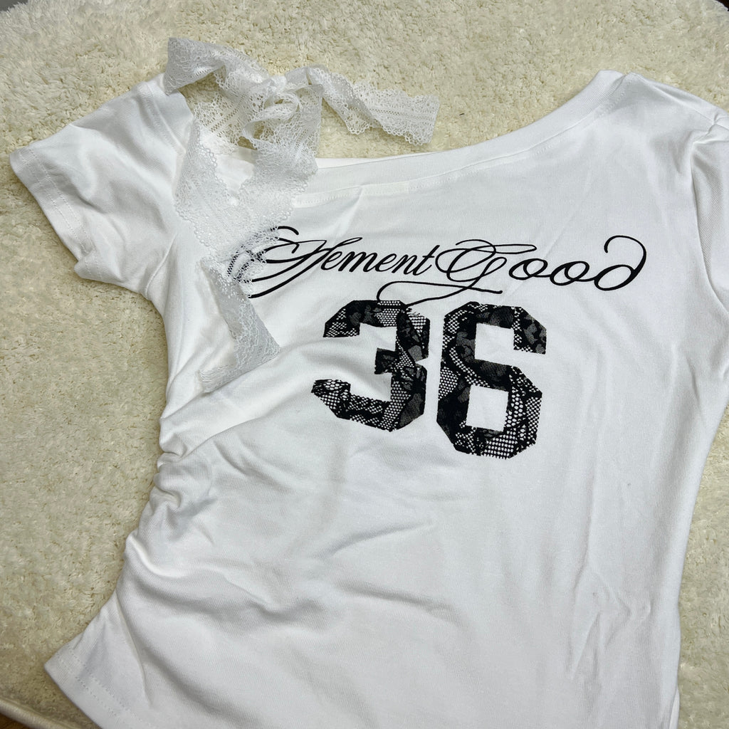 T006 美式辣妹风斜肩绑带T恤上衣｜Ready stock 现货