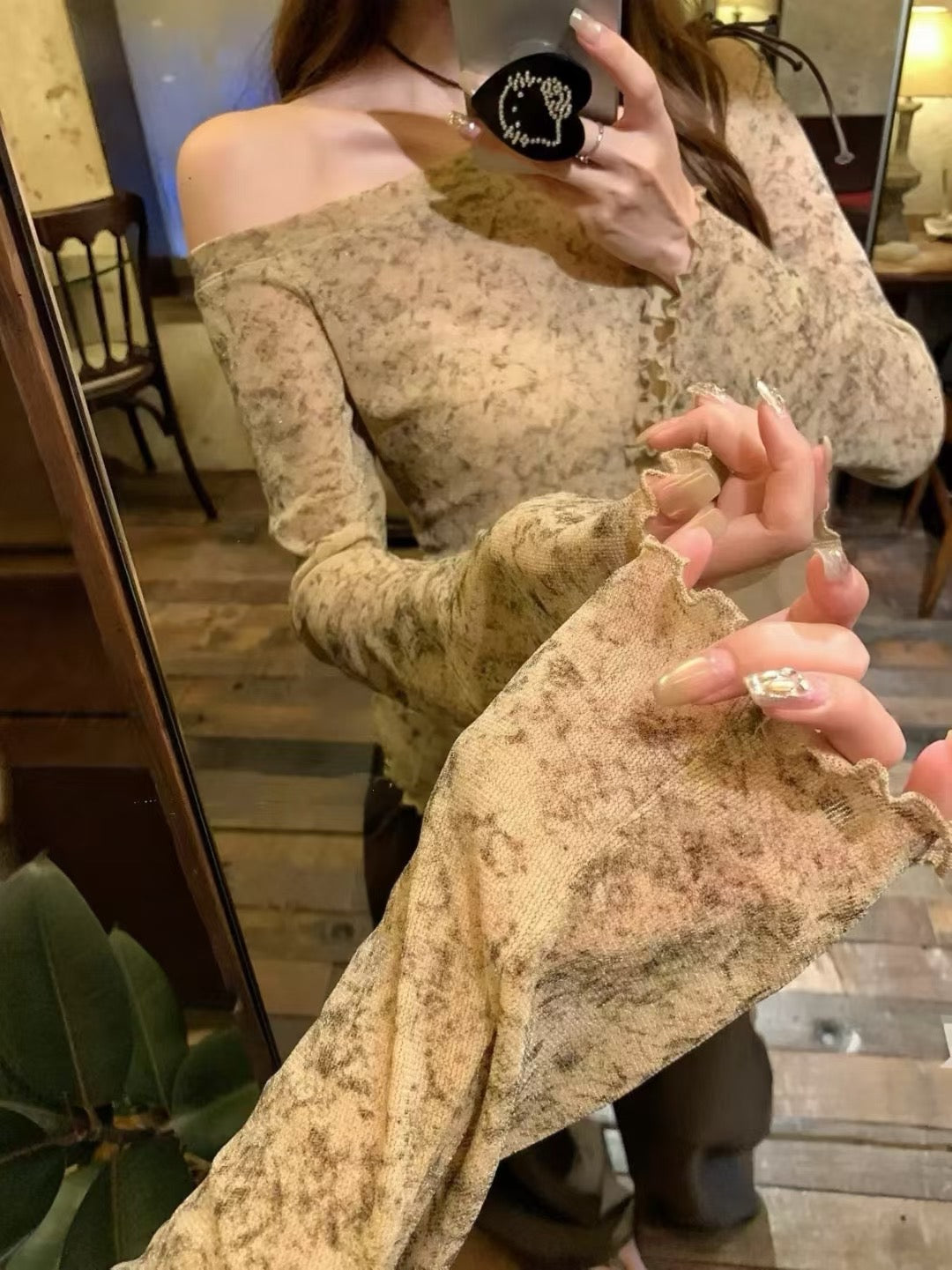 LT005 两件套韩系墨染斜肩木耳边长袖上衣｜Ready stock 现货