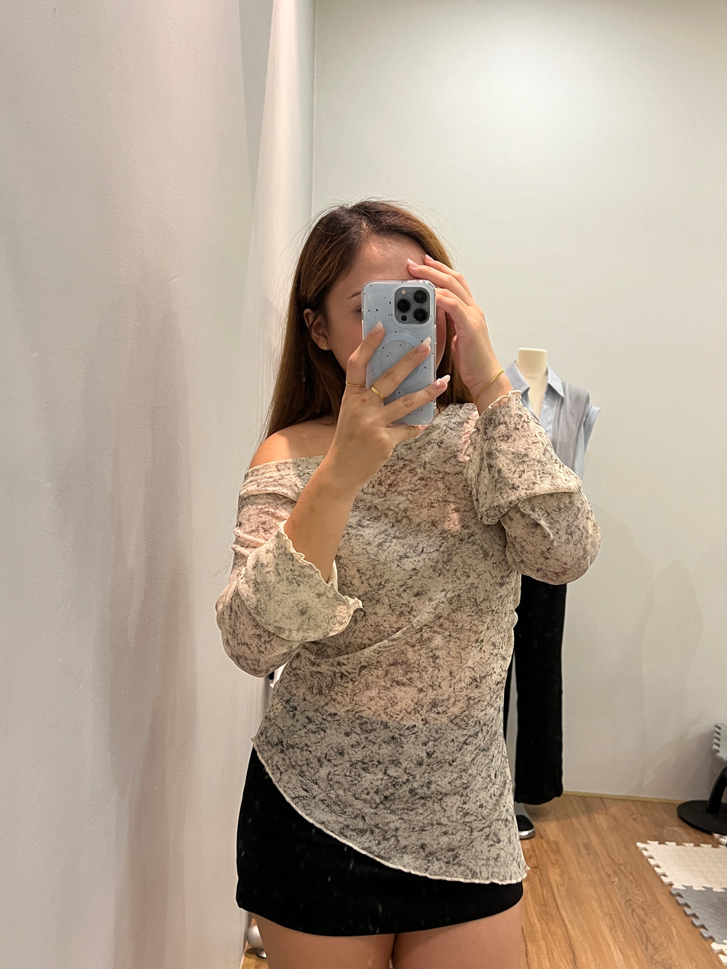 LT005 两件套韩系墨染斜肩木耳边长袖上衣｜Ready stock 现货