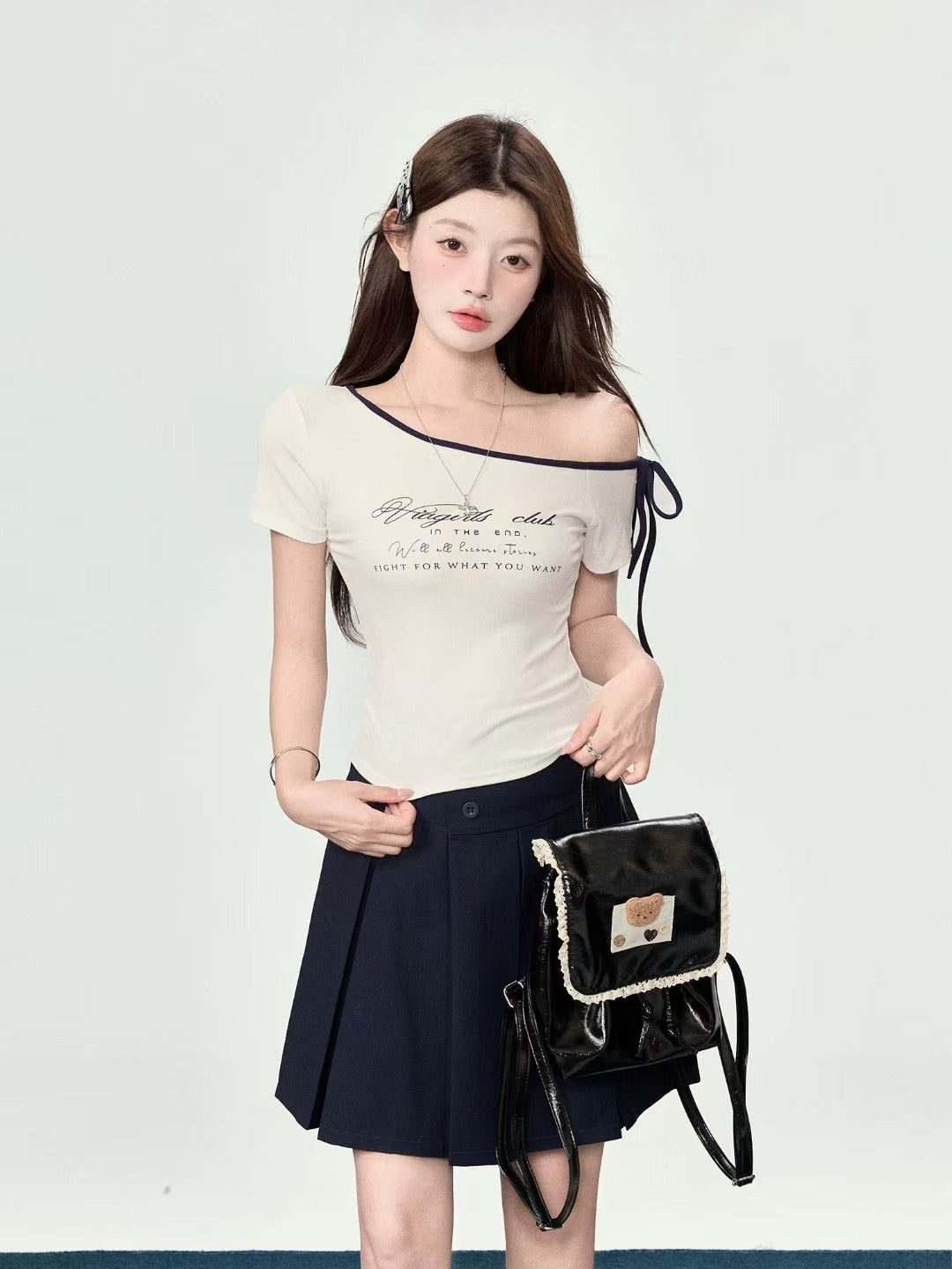 T005 元气少女斜肩蝴蝶结T｜Ready stock 现货