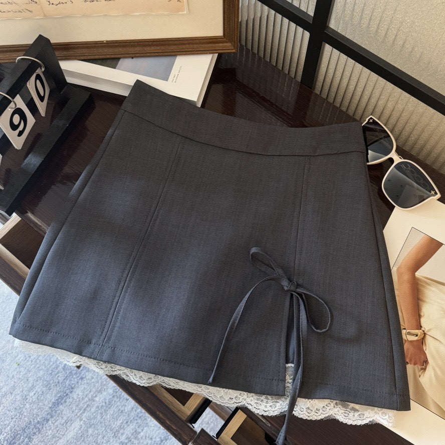 SS001 蝴蝶结开叉蕾丝边短裙｜Ready stock 现货