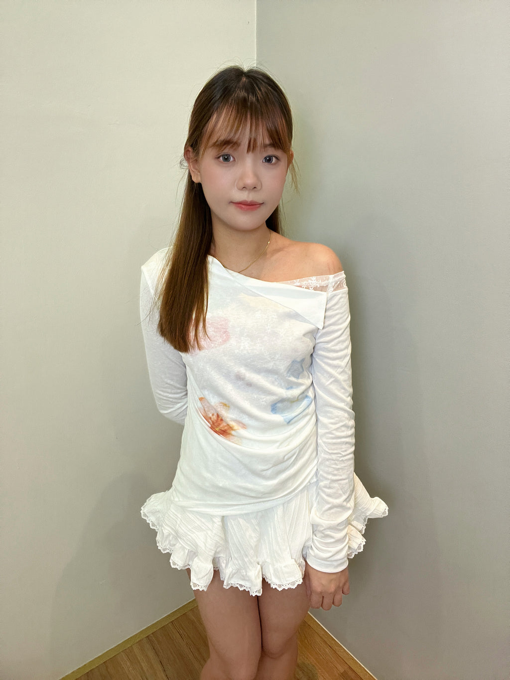 LT003 假两件蕾丝斜肩上衣｜Ready stock 现货