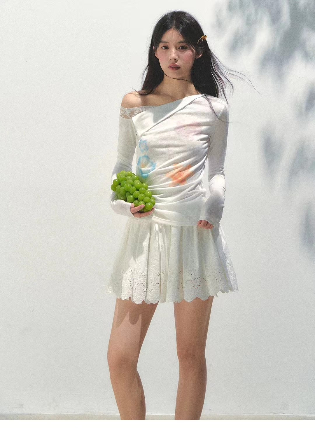 LT003 假两件蕾丝斜肩上衣｜Ready stock 现货