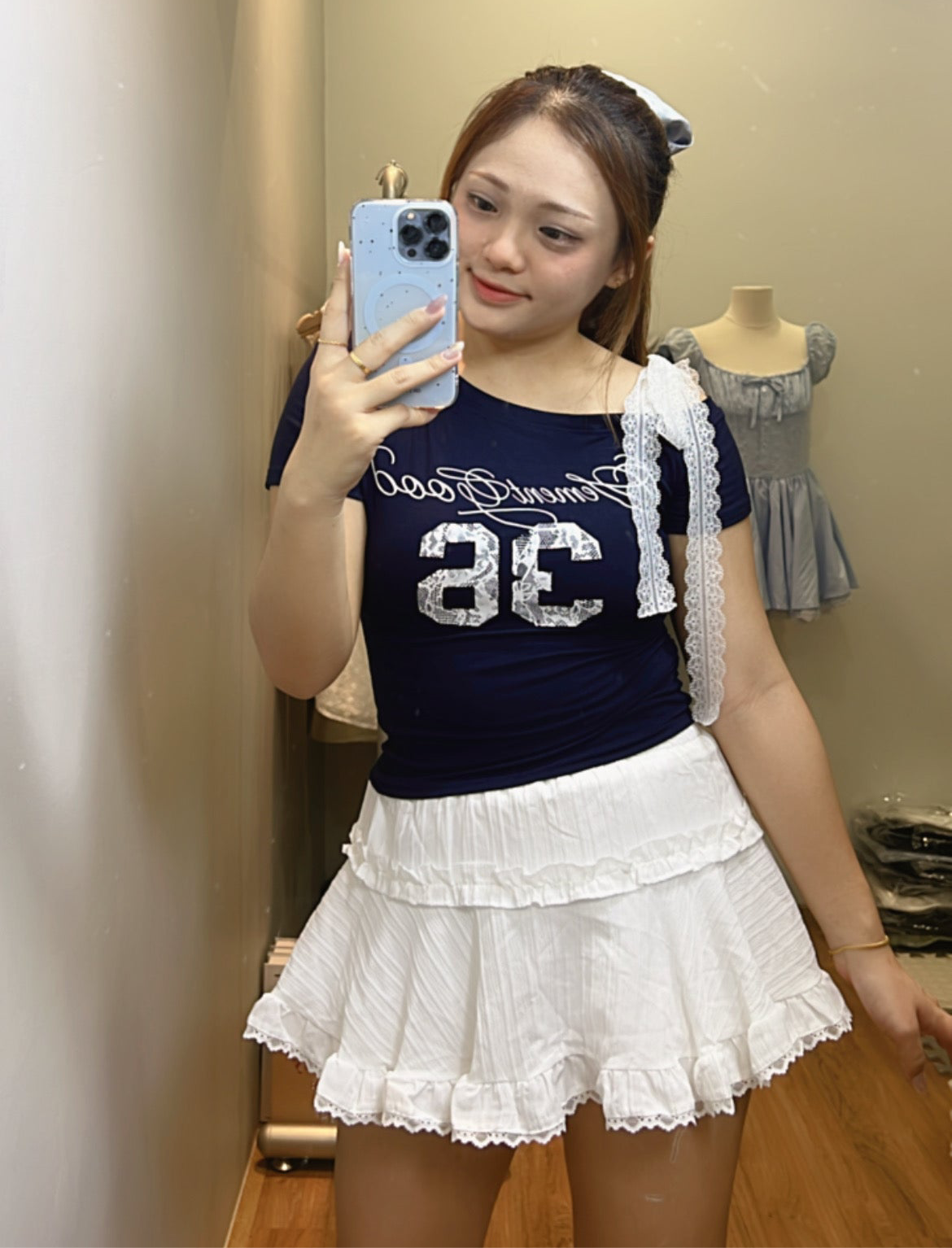 T006 美式辣妹风斜肩绑带T恤上衣｜Ready stock 现货