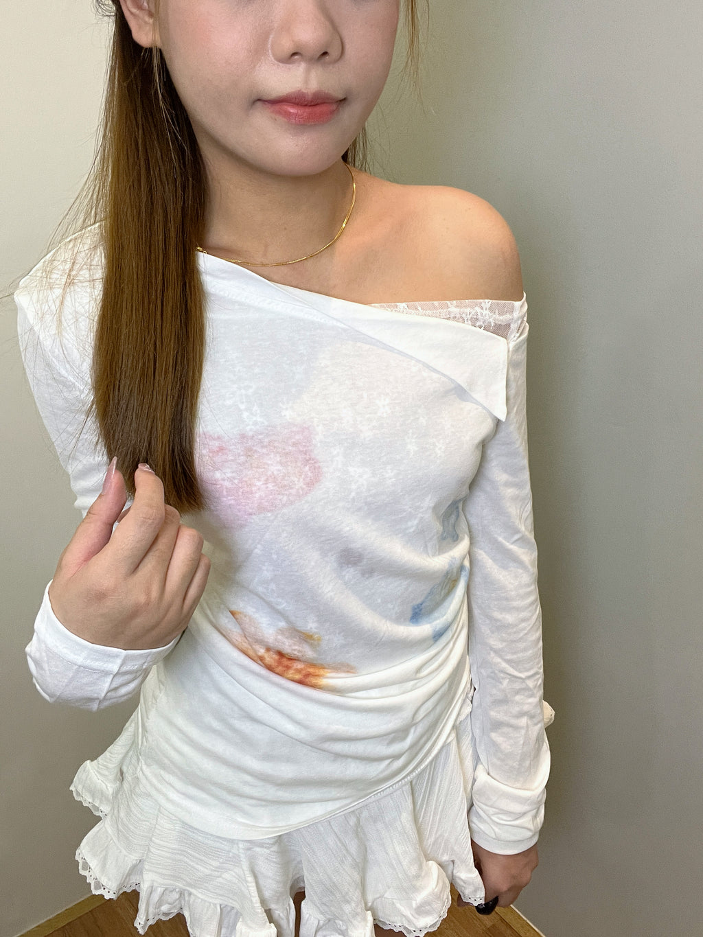 LT003 假两件蕾丝斜肩上衣｜Ready stock 现货