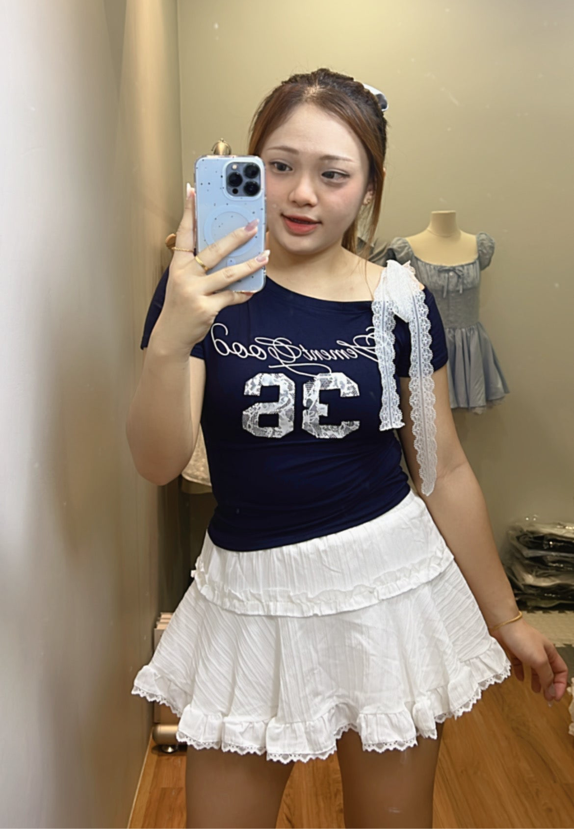 T006 美式辣妹风斜肩绑带T恤上衣｜Ready stock 现货