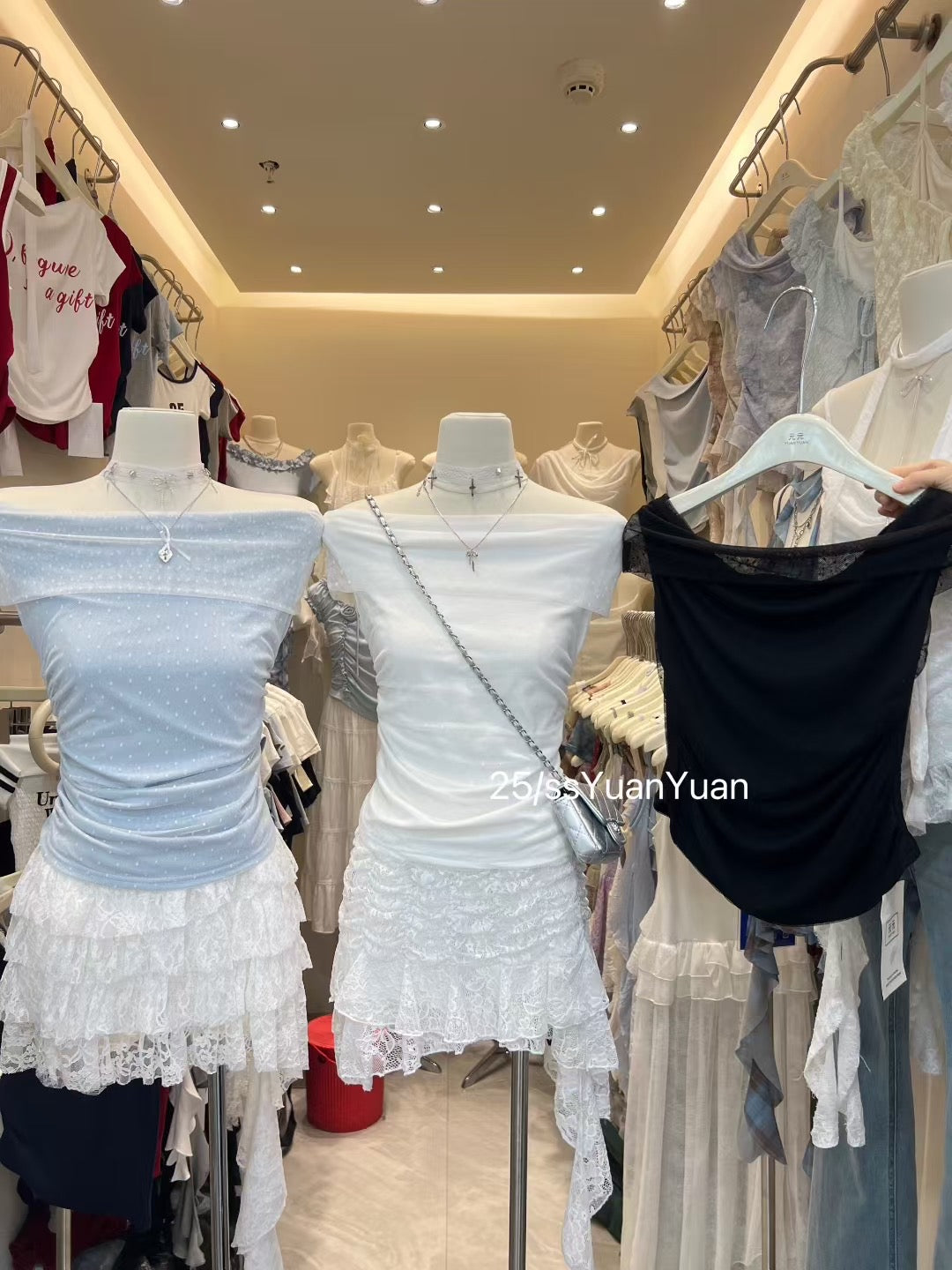 B023 甜美一字肩网纱上衣｜Ready stock 现货