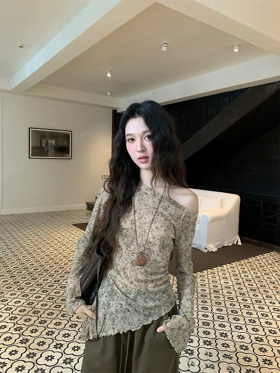 LT005 两件套韩系墨染斜肩木耳边长袖上衣｜Ready stock 现货