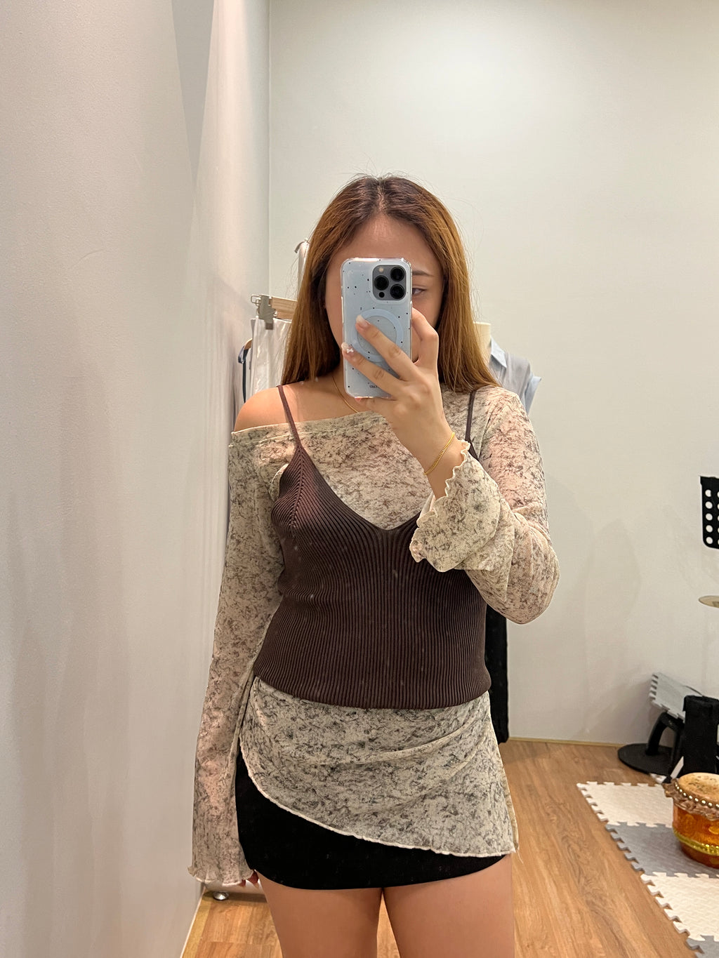 LT005 两件套韩系墨染斜肩木耳边长袖上衣｜Ready stock 现货