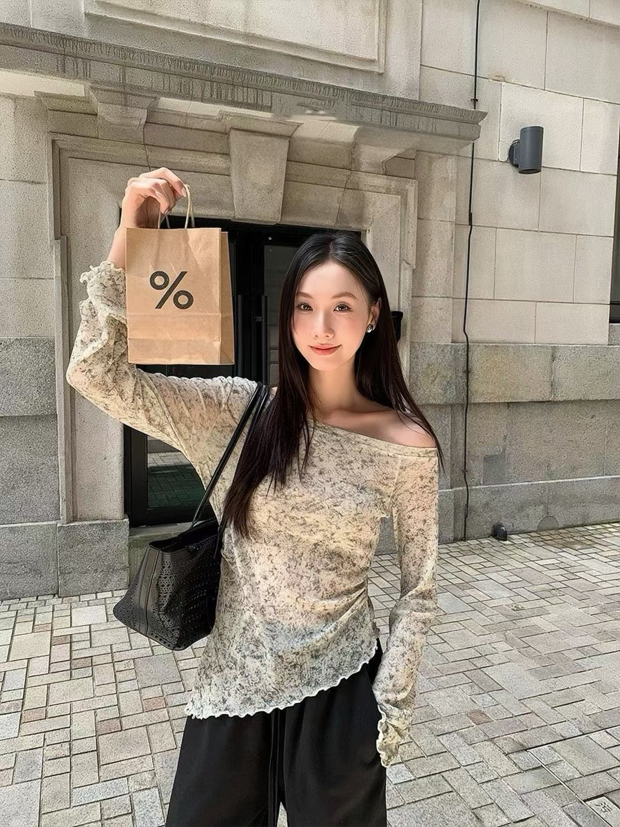 LT005 两件套韩系墨染斜肩木耳边长袖上衣｜Ready stock 现货