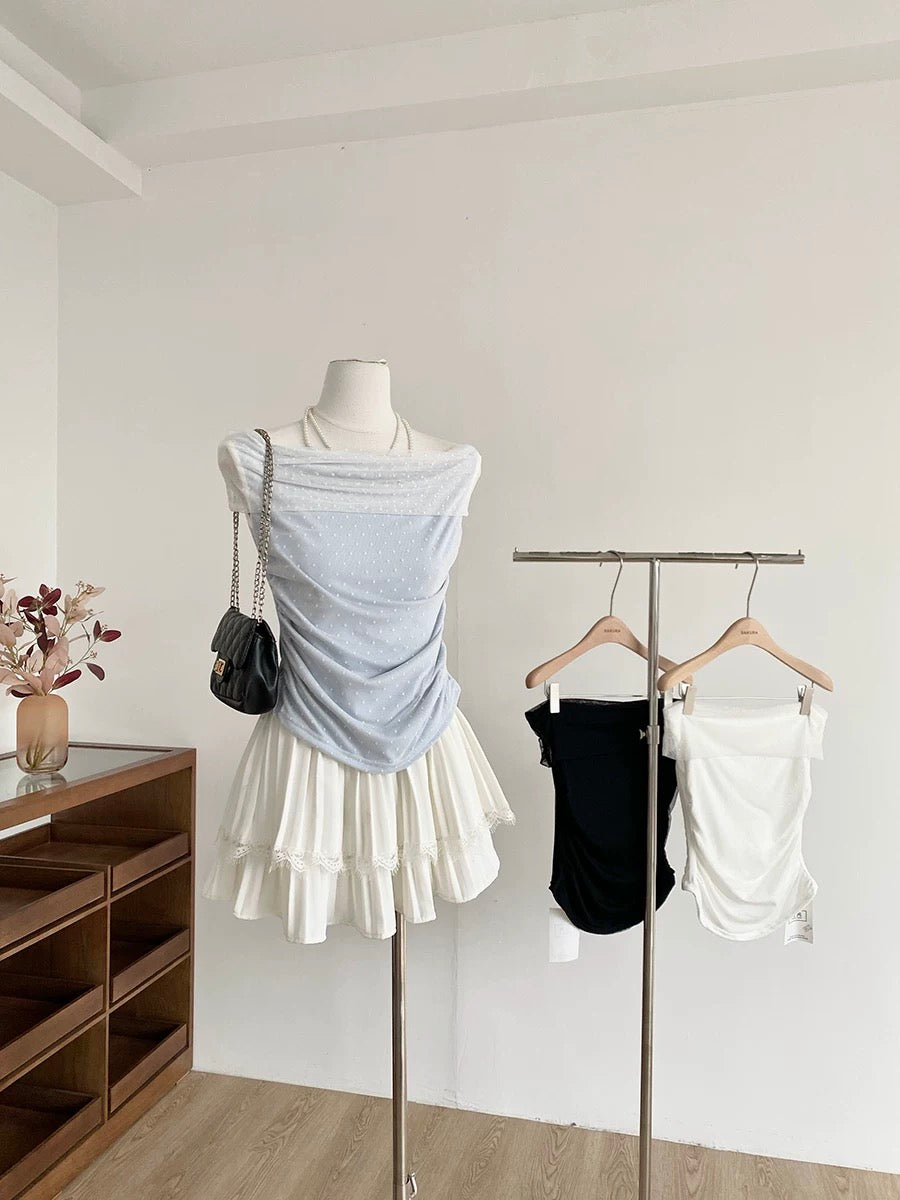 B023 甜美一字肩网纱上衣｜Ready stock 现货