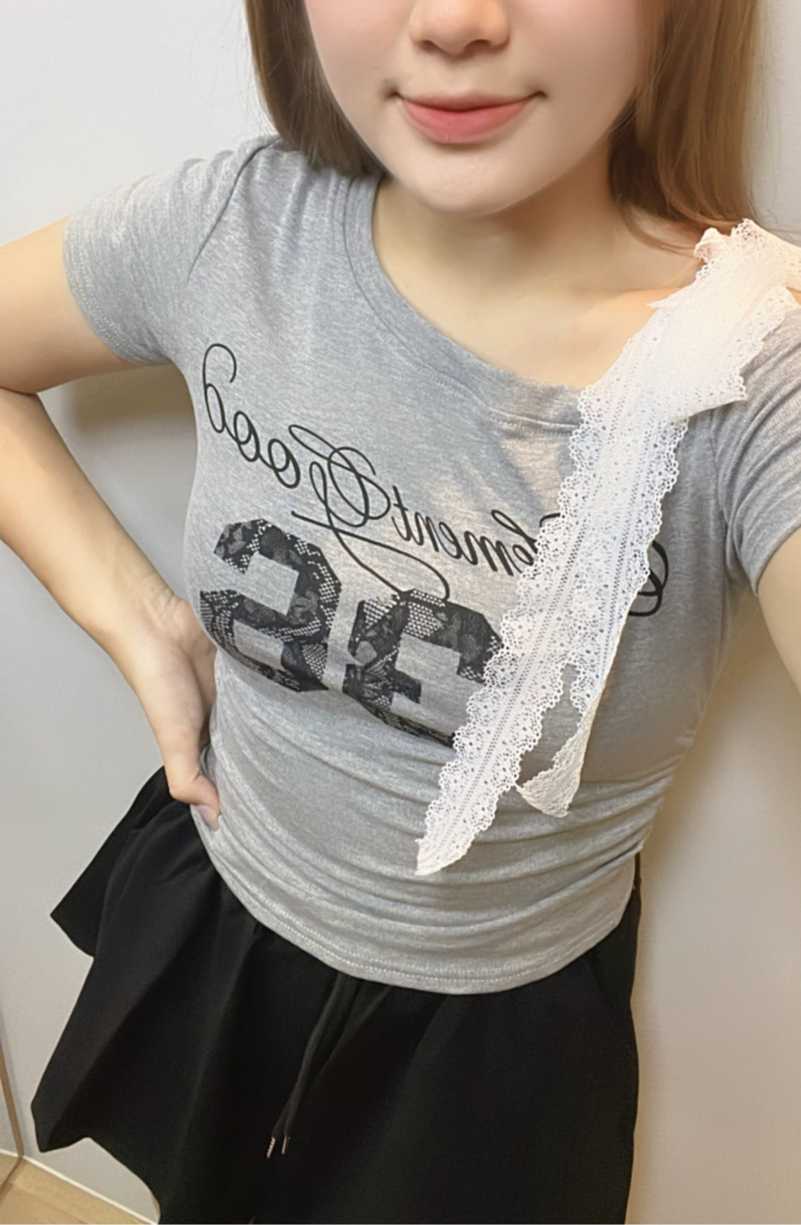 T006 美式辣妹风斜肩绑带T恤上衣｜Ready stock 现货