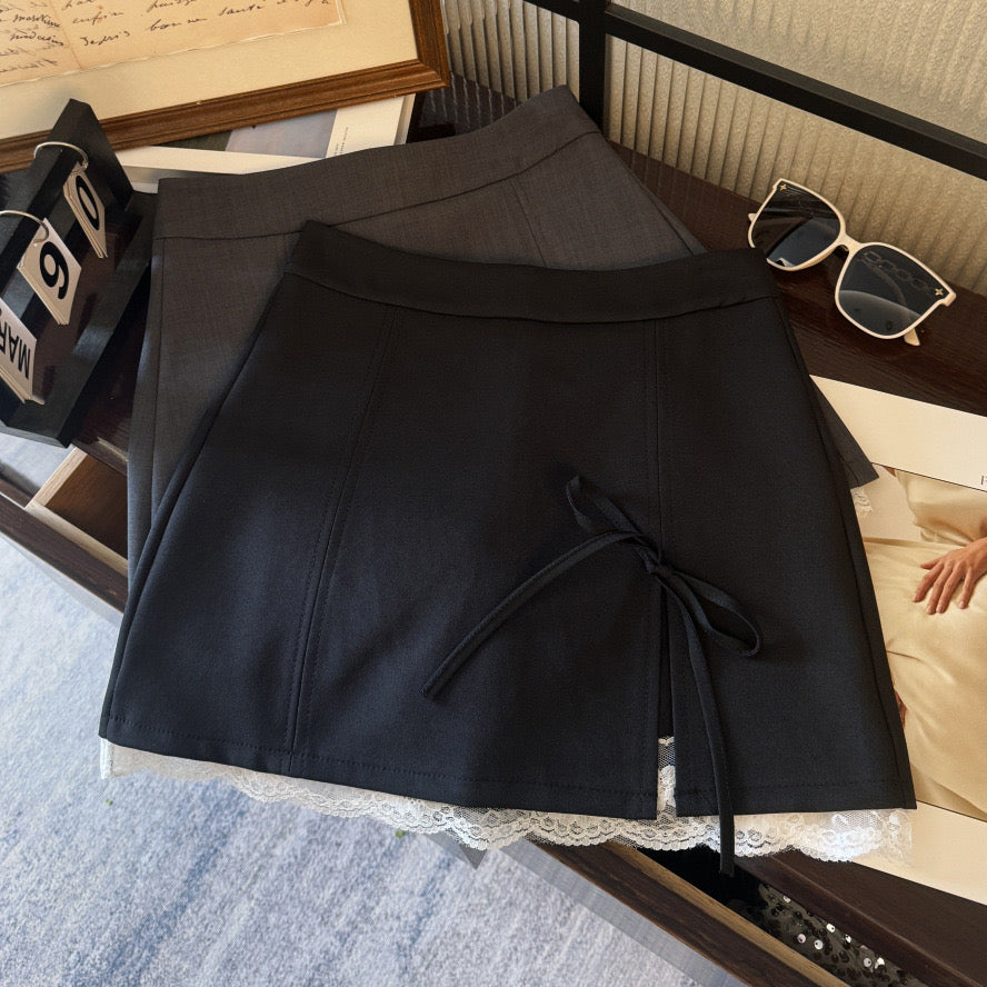 SS001 蝴蝶结开叉蕾丝边短裙｜Ready stock 现货