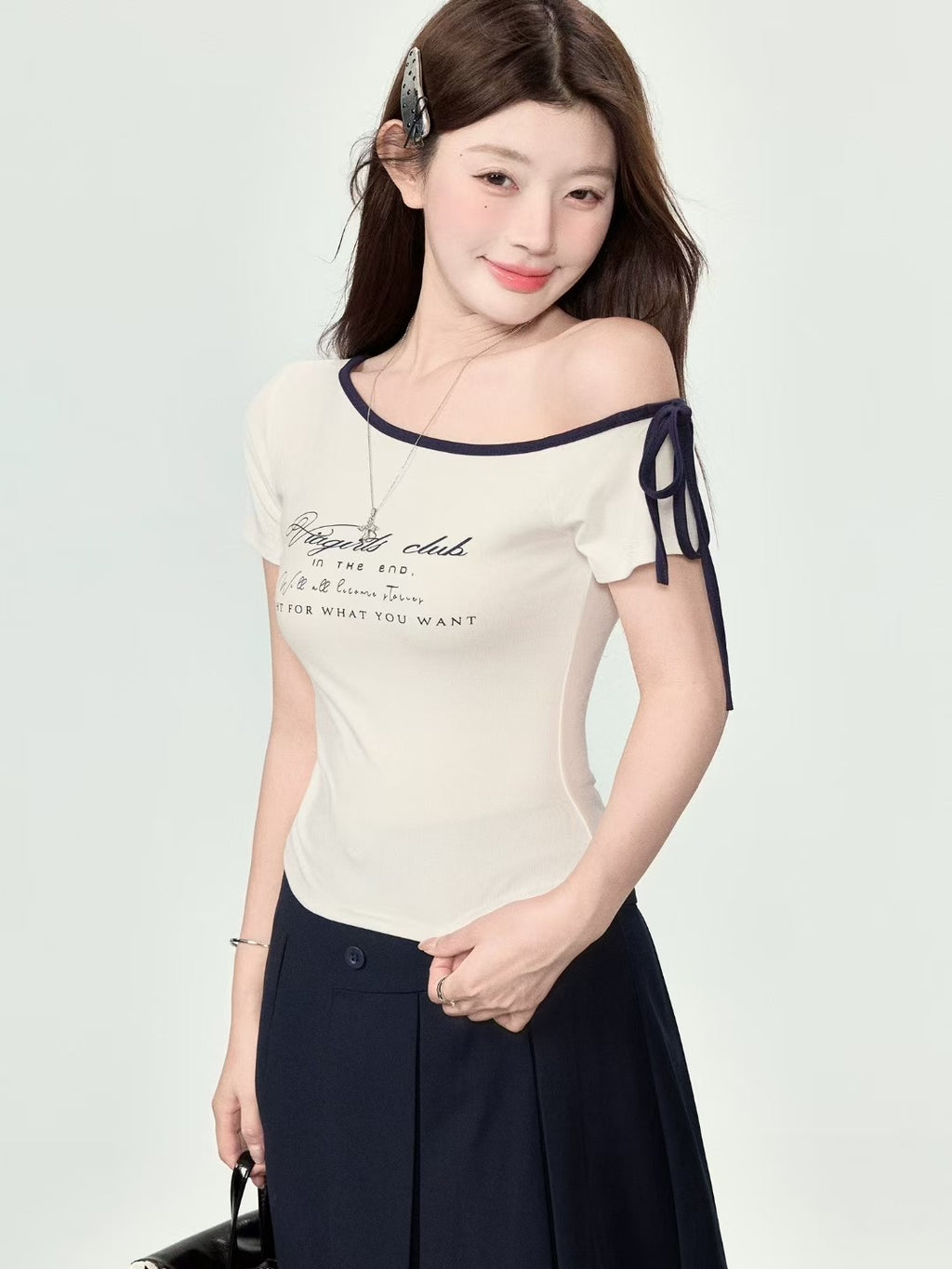 T005 元气少女斜肩蝴蝶结T｜Ready stock 现货