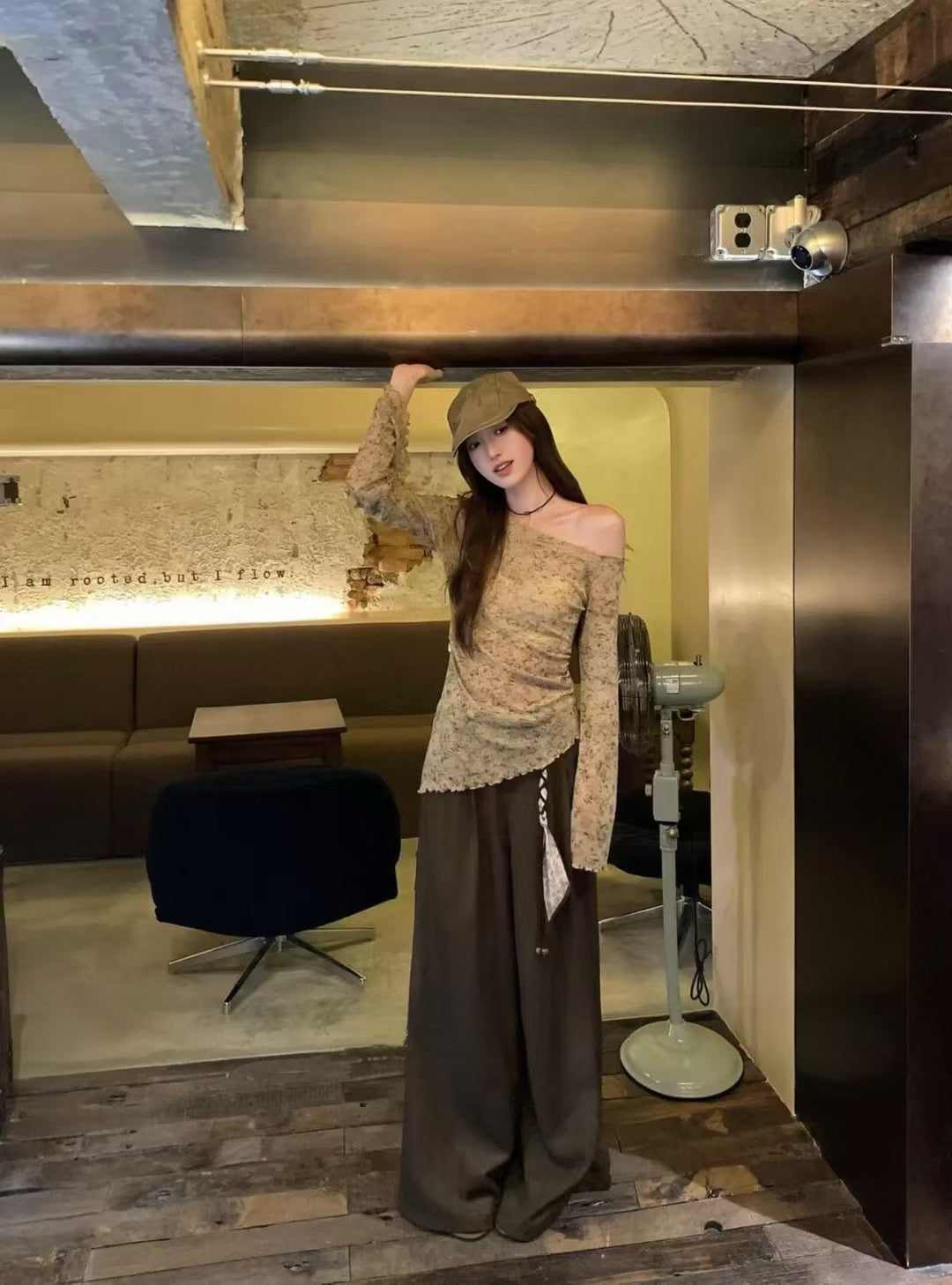 LT005 两件套韩系墨染斜肩木耳边长袖上衣｜Ready stock 现货