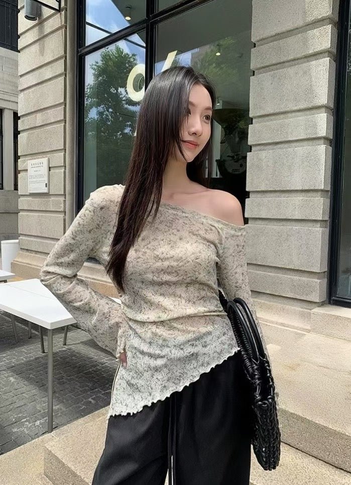 LT005 两件套韩系墨染斜肩木耳边长袖上衣｜Ready stock 现货