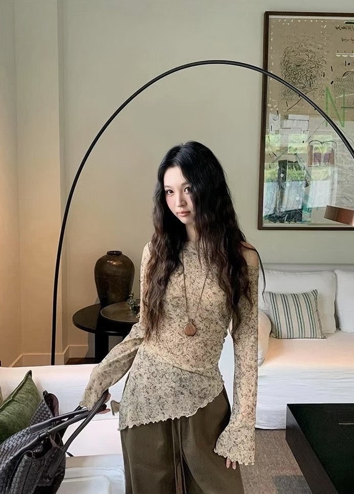 LT005 两件套韩系墨染斜肩木耳边长袖上衣｜Ready stock 现货