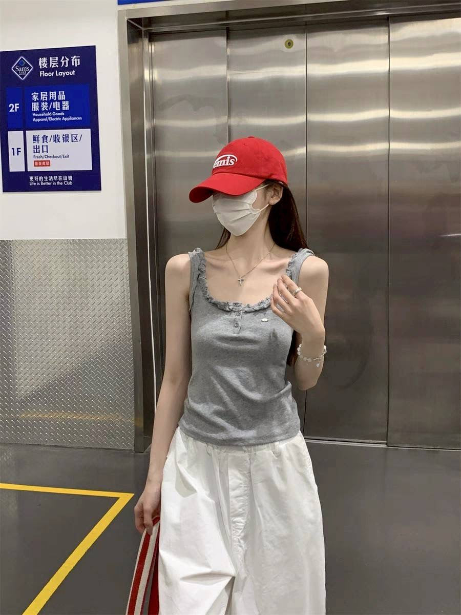 B013 木耳边小标无袖上衣 ｜Ready Stock 现货