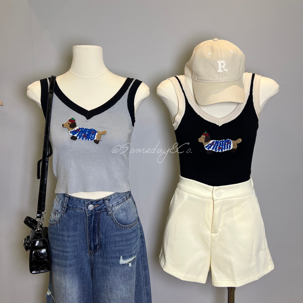 B019 刺绣腊肠狗针织上衣｜Ready Stock 现货